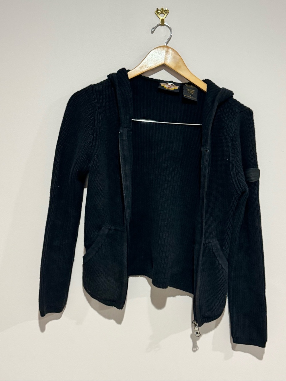 Harley-Davidson Womens Black Knit Full Zip Hoodie Cotton Pockets Moto Sz S